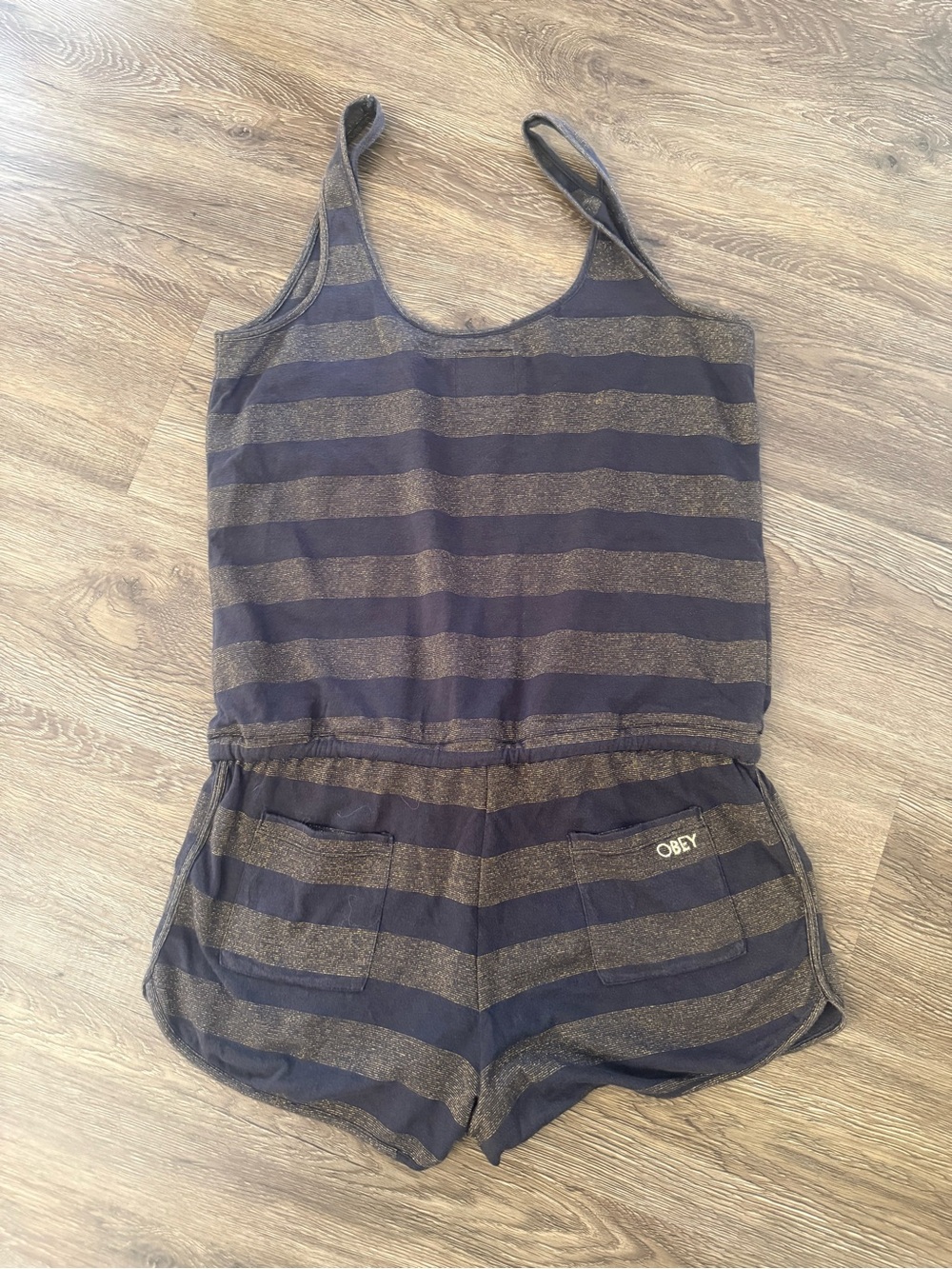 Obey Propaganda Striped Sleeveless Romper in Black and Gold Shimmer - Picture 4 of 7